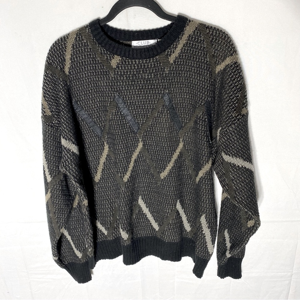 Vintage 90s Club International Black Brown Knit Crewneck Sweater XL Dadcore